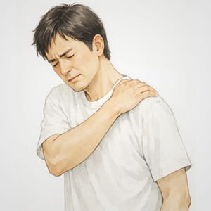 肩の痛みを気にする男性