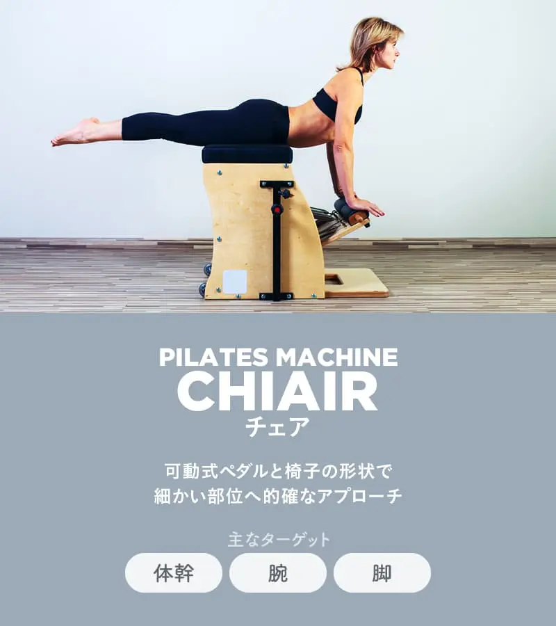 チェア。可動式ペダルと椅子の形状で細かい部位へ的確なアプローチ。主なターゲット、体幹、腕、脚。